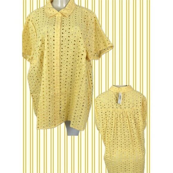 Torrid Plus 2 Yellow Eyelet Button Down Collar Cotton Short Sleeve Shirt - Picture 1 of 6